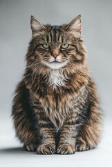 Obraz premium Majestic furry Maine Coon cat sitting proudly with striking green eyes on a soft gray background, showcasing its beautiful fur and strong features