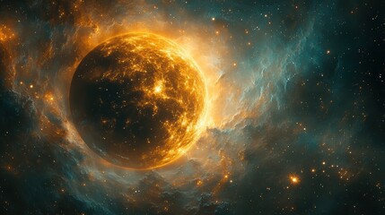 Obraz premium A vibrant depiction of a fiery planet surrounded by cosmic clouds and stars.
