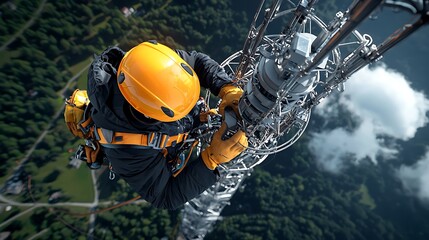 Worker climbing telecommunications tower, aerial view, mountain background, safety inspection