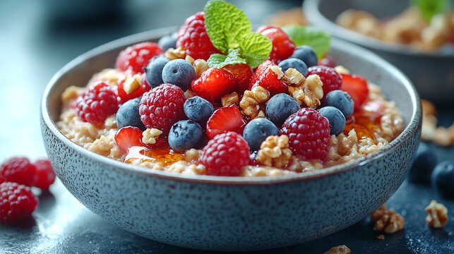 Delicious berry bowl filled with granola and fresh fruits for a healthy breakfast