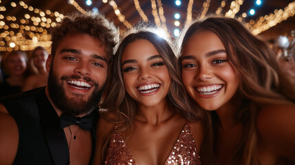 Obraz premium Friends taking a joyful selfie under prom lights