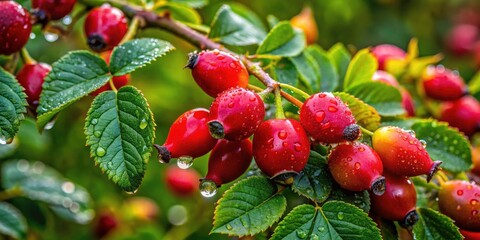 Wild rose bush ablaze with stunning, rain-soaked, red berries; nature's vibrant jewels.