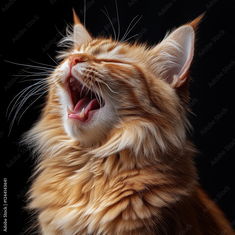 Poster majestic ginger cat with vibrant fur yawning against a dark background capturing unique expression a