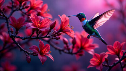 Naklejka premium A hummingbird hovers near bright pink flowers