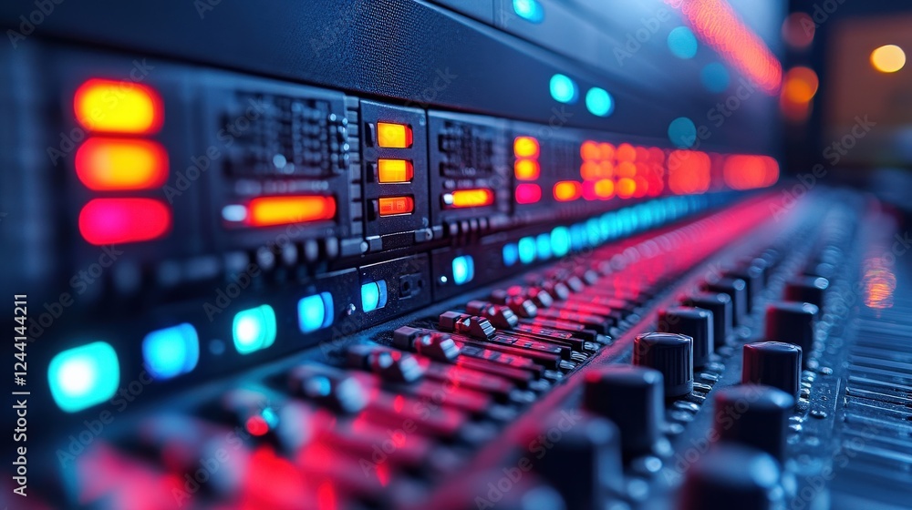 Poster close-up of a modern audio mixing console with colorful lights and knobs, creating music