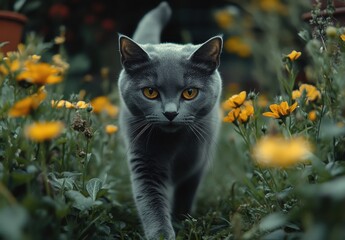 Majestic Grey Cat Walking Through Vibrant Yellow Flowers in a Lush Garden Scene Capturing a Moment of Natural Beauty and Grace