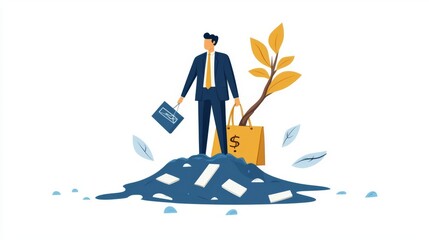 Fototapeta premium A businessman stands on money, symbolizing wealth and growth.