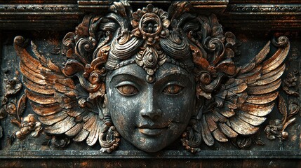 Ornate winged face relief sculpture, dark metal, ornate background