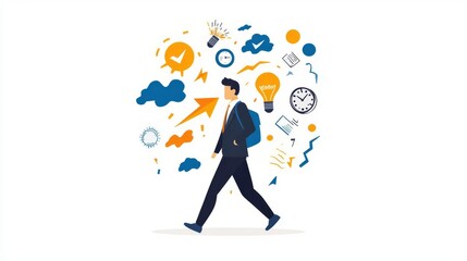 A businessman walking with creative ideas and symbols around him.