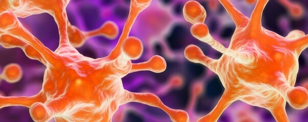 Glowing fluorescent microtubules in orange and purple, abstract molecular biology art