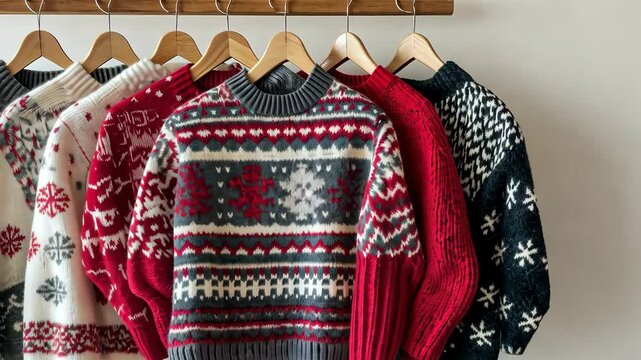 A collection of cozy knitted winter sweaters with festive patterns hanging on a rack, symbolizing warmth, fashion, and seasonal style. . High quality 4k footage