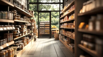 Sunny gourmet food store aisle, jars, shelves