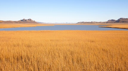 Obraz premium Autumn lake landscape, golden reeds, distant hills, clear sky, nature photography