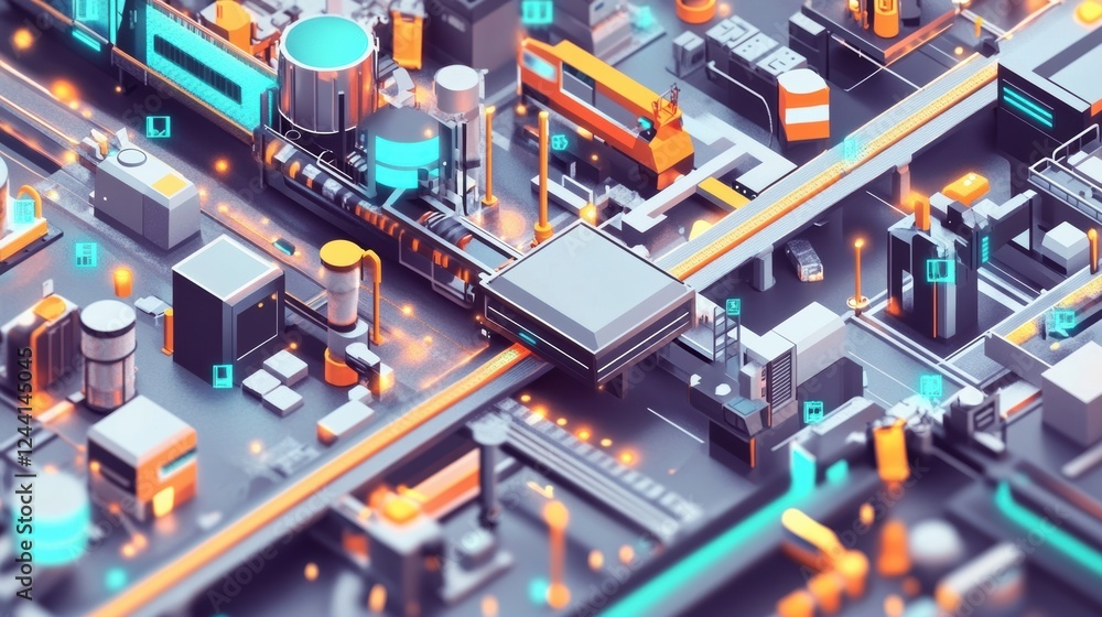 Poster complex network of automated machines and transportation systems operating seamlessly in a futuristi