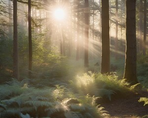 Obraz premium The radiant sun beams through the trees, illuminating the path ahead.