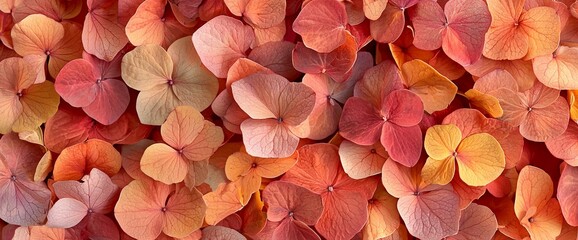 Coral and peach hydrangea petals background.