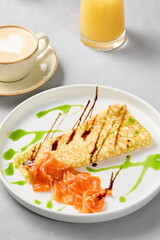 Gourmet Salmon Omelette with Artistic Presentation in Vibrant Color Palette