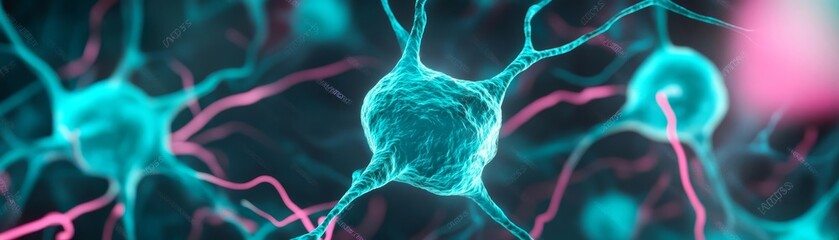 High-detail glowing fluorescent neurons in teal and pink, neuroscience artistic visualization