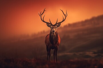 Naklejka premium Majestic red deer stag with large antlers in dramatic orange sunset light. Wildlife nature photograph for Christmas, hunting season, conservation awareness, animal protection and winter solstice