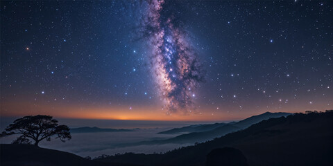 Fototapeta premium A stunning night sky featuring the vibrant Milky Way stretching above a serene mountain range with a lone tree silhouetted against the horizon at dusk.
