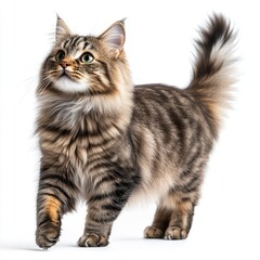 Obraz premium Majestic striped feline with fluffy tail showcasing playful demeanor and bright eyes on a clean white background, perfect for pet lovers and animal enthusiasts