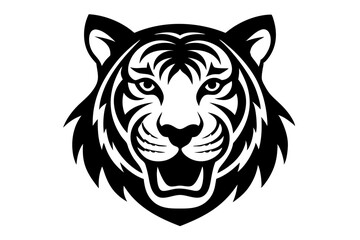 Fototapeta premium Vector illustration of a tiger head silhouette in black, featuring tribal design elements, capturing the wild power and fierce nature of the feline