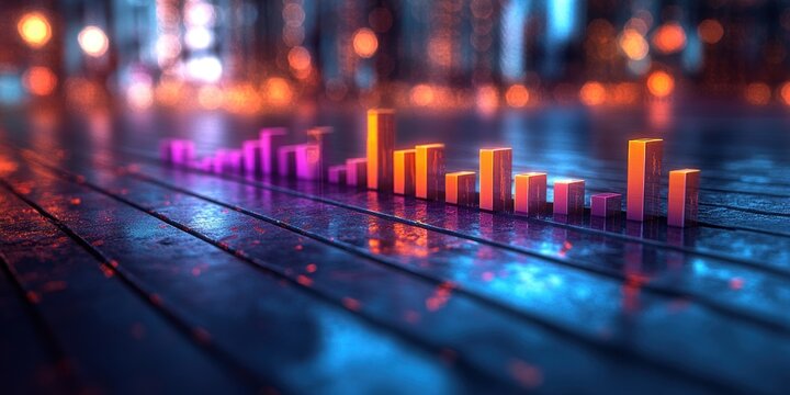 Neon Cityscape Financial Growth: Abstract 3D Render of a Rising Stock Market Graph on a Wet City Street at Night