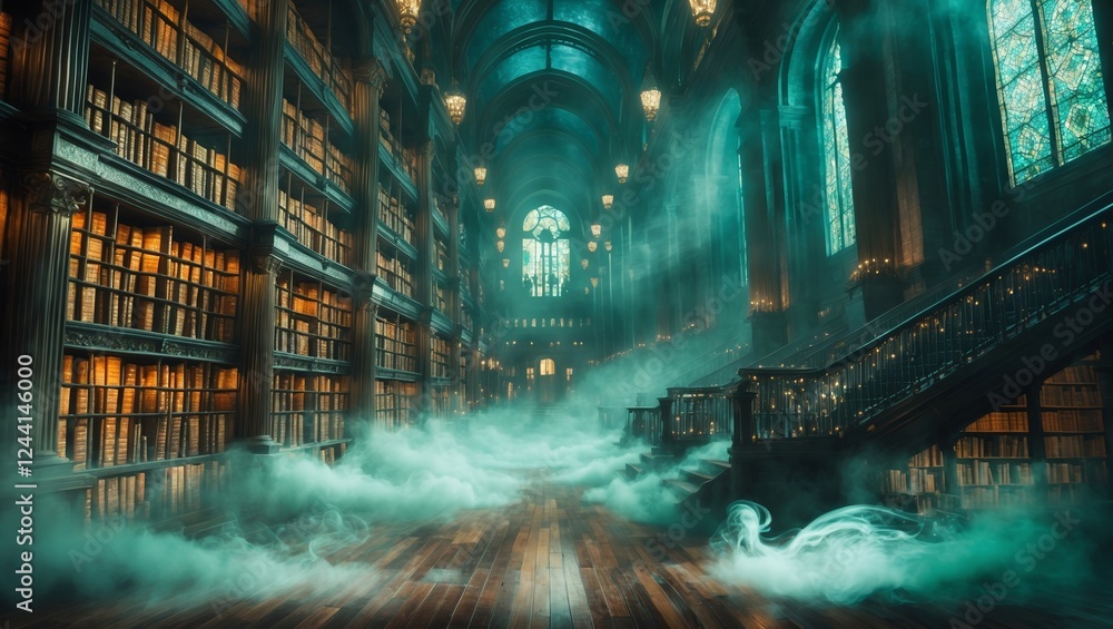 Poster enchanted library filled with mist and illuminated by ethereal light during twilight hours