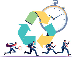 Fototapeta premium Vsai businesspeople running around recycling symbol and stopwatch, fast recycling process concept