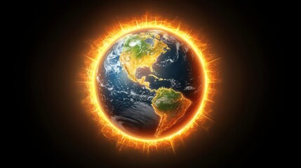 Fototapeta premium A fiery depiction of Earth surrounded by flames and light.