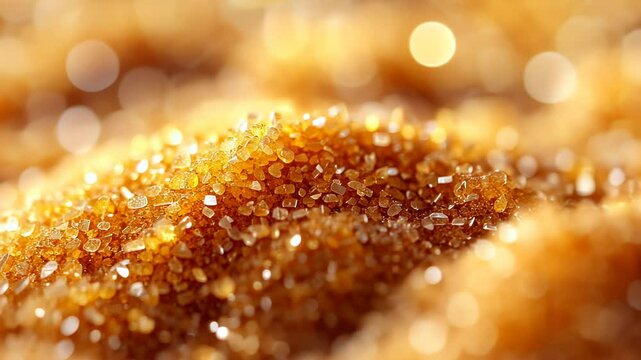 Close-up of golden brown sugar granules with soft bokeh background
