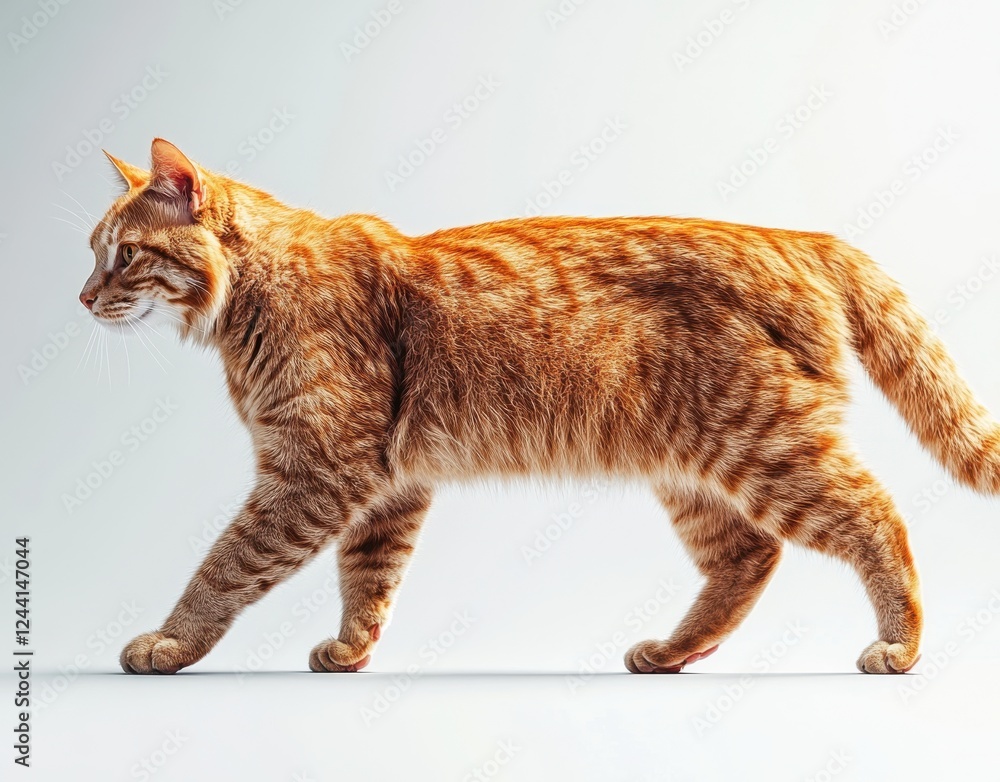 Poster orange tabby cat walking gracefully on a light background showcasing its distinct fur patterns and s