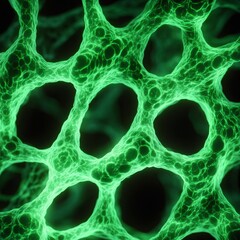 Microscopic view of glowing algae structures in fluorescence microscopy, vibrant green tones, dark contrast