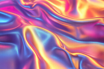 Obraz premium Holographic Silk Shimmer: Abstract swirls of iridescent fabric, shimmering in vibrant hues of pink, blue, and gold, creating a mesmerizing display of color and texture. The fabric ripples and folds.