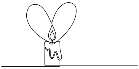 Burning fire candle with love continuous one line drawing, Continuous one line drawing candle burning flame. Black contour line simple minimalist graphic isolated vector illustration. Grief loss pro.