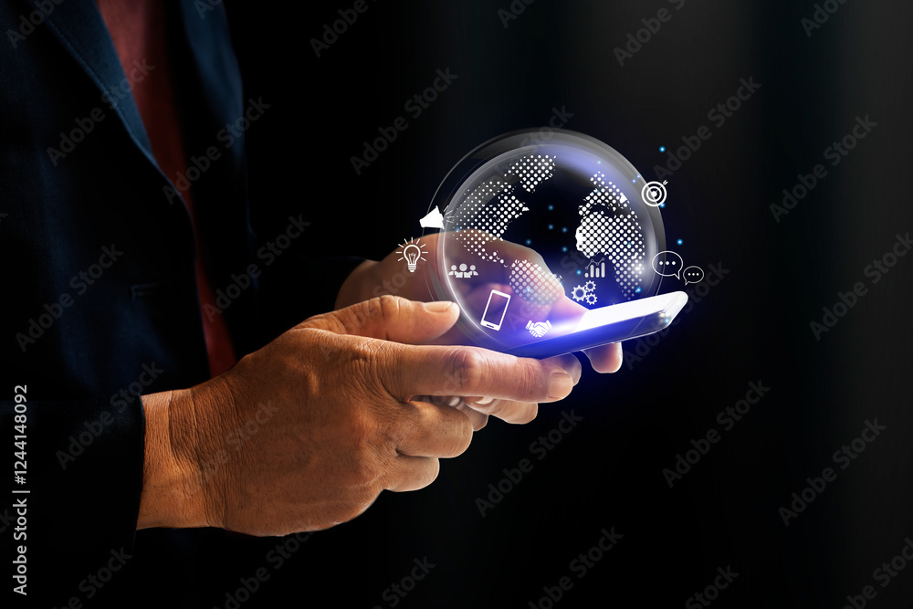 Poster Businessman using mobile smart phone and global internet connection application technology. Digital link tech, big data