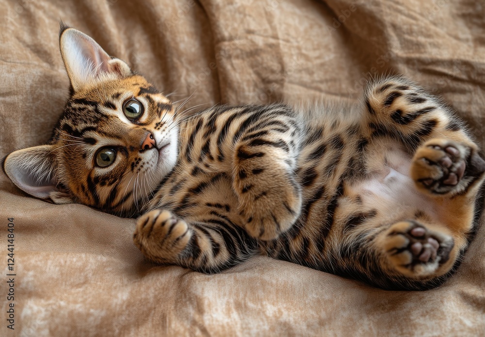 Aufkleber playful bengal kitten relaxing on soft fabric with charming expression and striking fur patterns cap