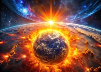 Obraz premium Witness a breathtaking drone perspective: a solar flare unleashing its plasma energy in a magnetic storm.