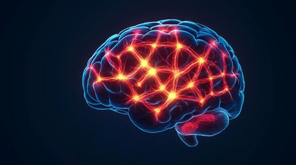 Stunning fluorescent brain synapses glowing in red and yellow, high-detail neuroscience focus