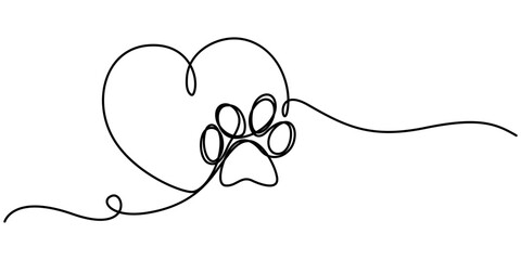 Heart with cat or dog paw in continuous one line drawing logo. Minimal line art. Animal foorprint in heart, Dog and cat paw hearts drawn in one continuous line. Dog paw prints in a heart frame. © line draw