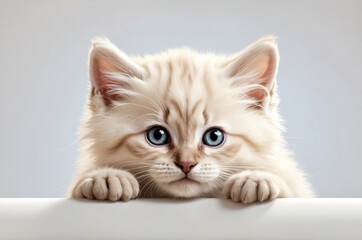 Cute adorable domestic curious cat kitten animal with its paws peeking over a white surface, photorealistic illustration on isolated background texture design.
