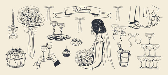 A hand drawn set for a wedding celebration. Champagne, the bride with a bouquet of roses, dessert, glasses, ribbons, bows, flowers, candles. Vector illustration for invitations, parties, menus, card