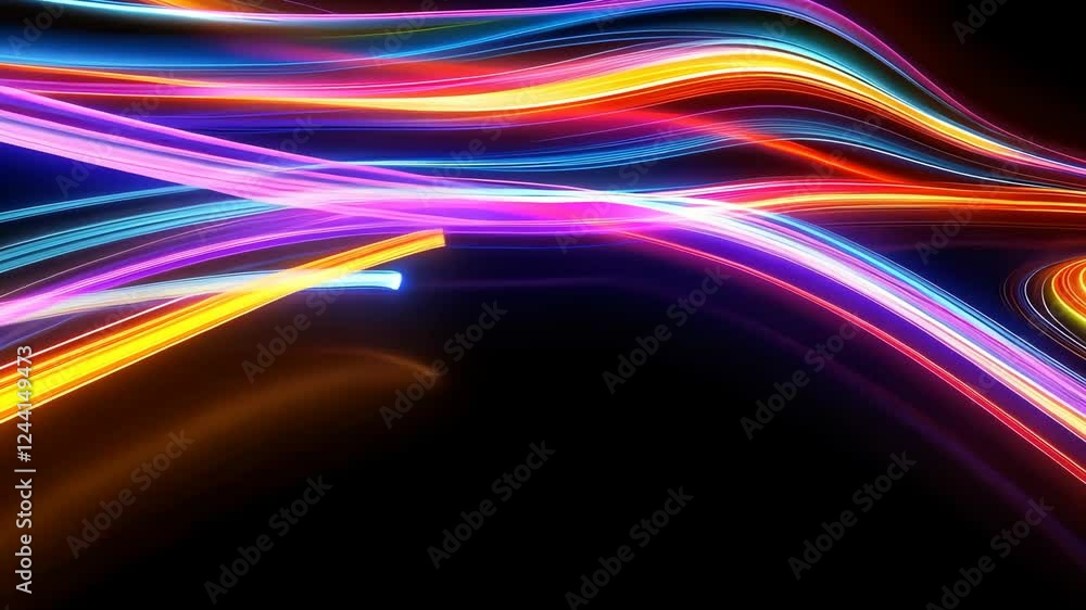 Poster dynamic colorful light trails weaving through dark background