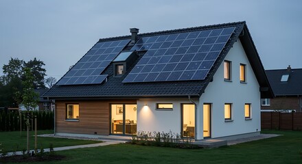 Sustainable solar panel home, innovative house night sky roof, efficient exterior property evening technology, renewable ecological environmental, modern clean energy