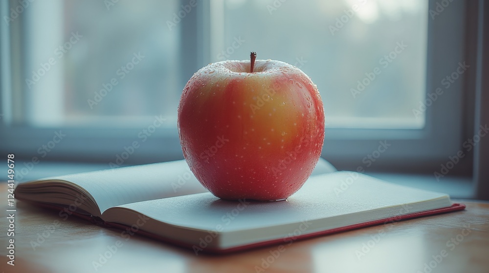 Poster a fresh red apple resting on an open book near a window with soft sunlight illuminating the scene