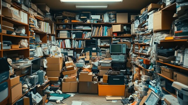 Cluttered Basement Storage Room Overflowing with Boxes and Electronics