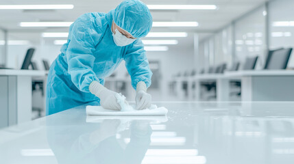 Janitor Cleaning Desk in Modern Office Environment