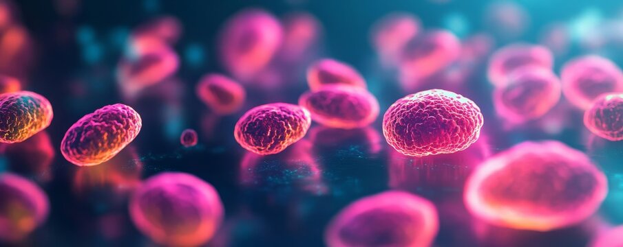 Vibrant fluorescent cancer metastasis cells glowing under UV light, dark background, bio-research focus