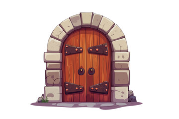 Old wooden door isolated on white background. Cartoon illustration of medieval building