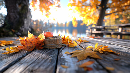 Autumn lake picnic; apple, leaves on dock